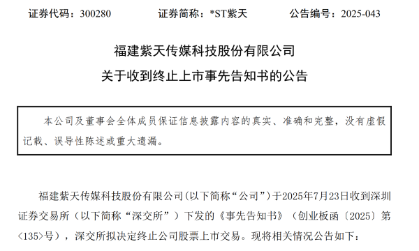 元富投资 营收造假近25亿元！女总经理称被身为财务总监的表哥蒙骗，*ST紫天将被终止上市